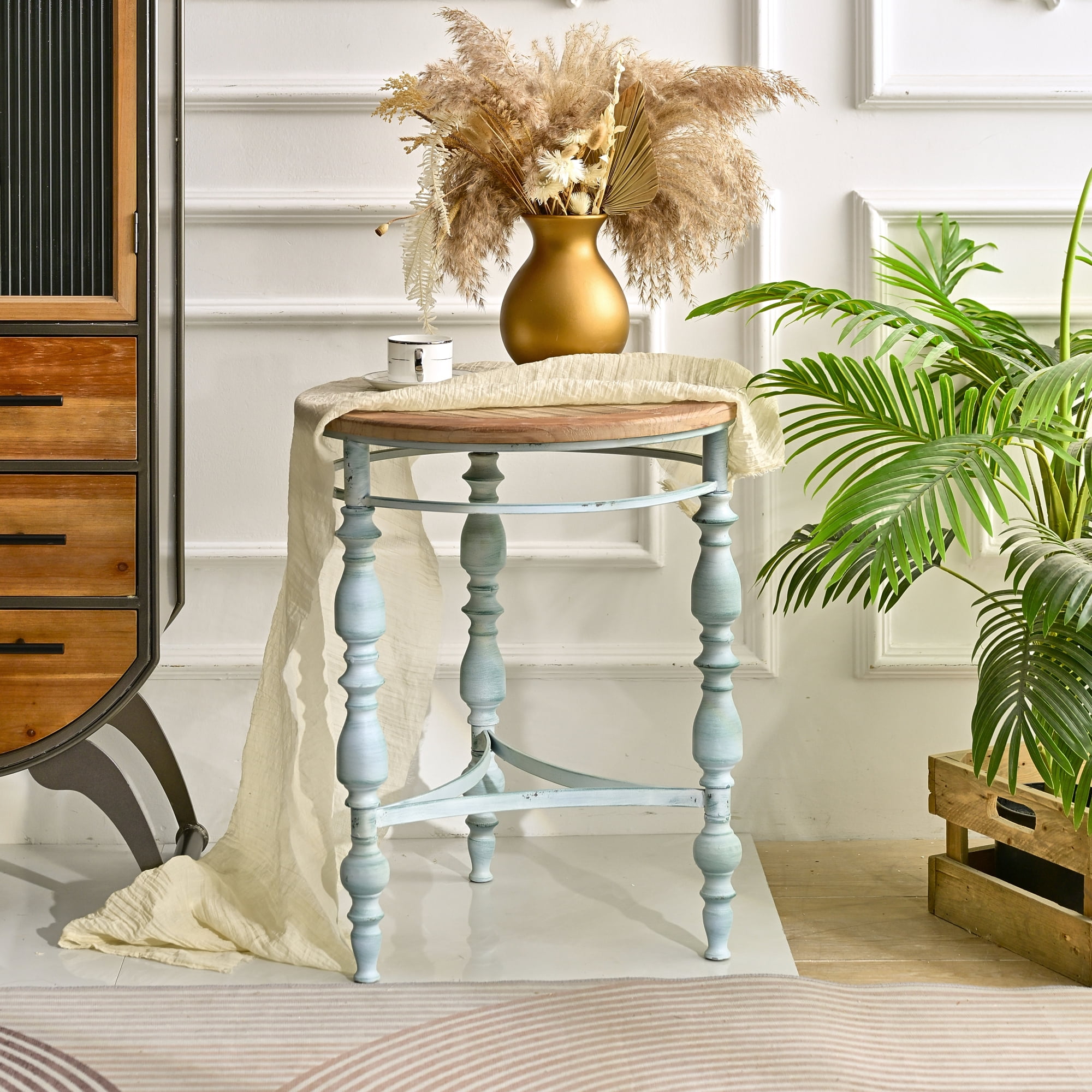 Leumius 20.08" Accent Rustic Carved Coffee Table, Round Wooden Top Metal Leg Round End Table for Living Room