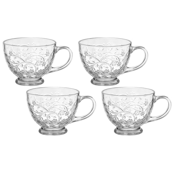 STPgoods Blossom Glass Mug Set of 4 pcs 8.1 fl oz (240 ml) Floral Tea Cups for Hot Beverages Coffee and Tea Mugs for Latte Cocoa Chocolate Glass Drinkware, Service for 4, Clear