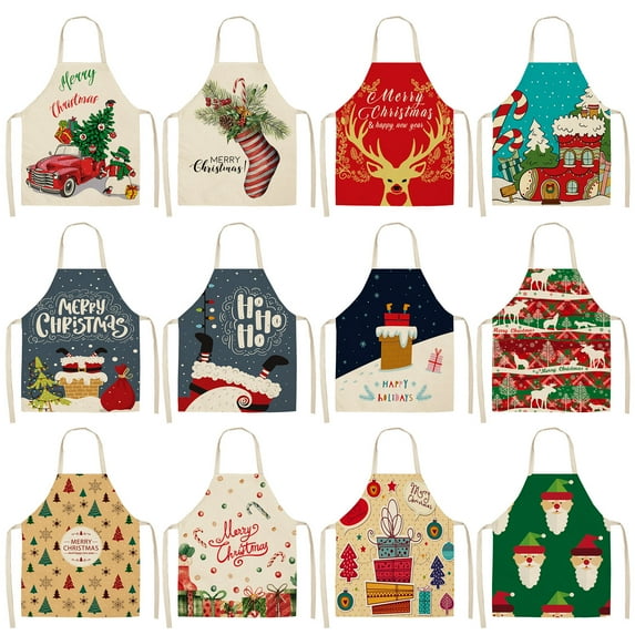 Dengjunhu 2Pcs Linen Christmas Aprons, Christmas Santa Claus Reindeer Snowman Style Apron for Christmas Dinner Party for Christmas, Red & Green