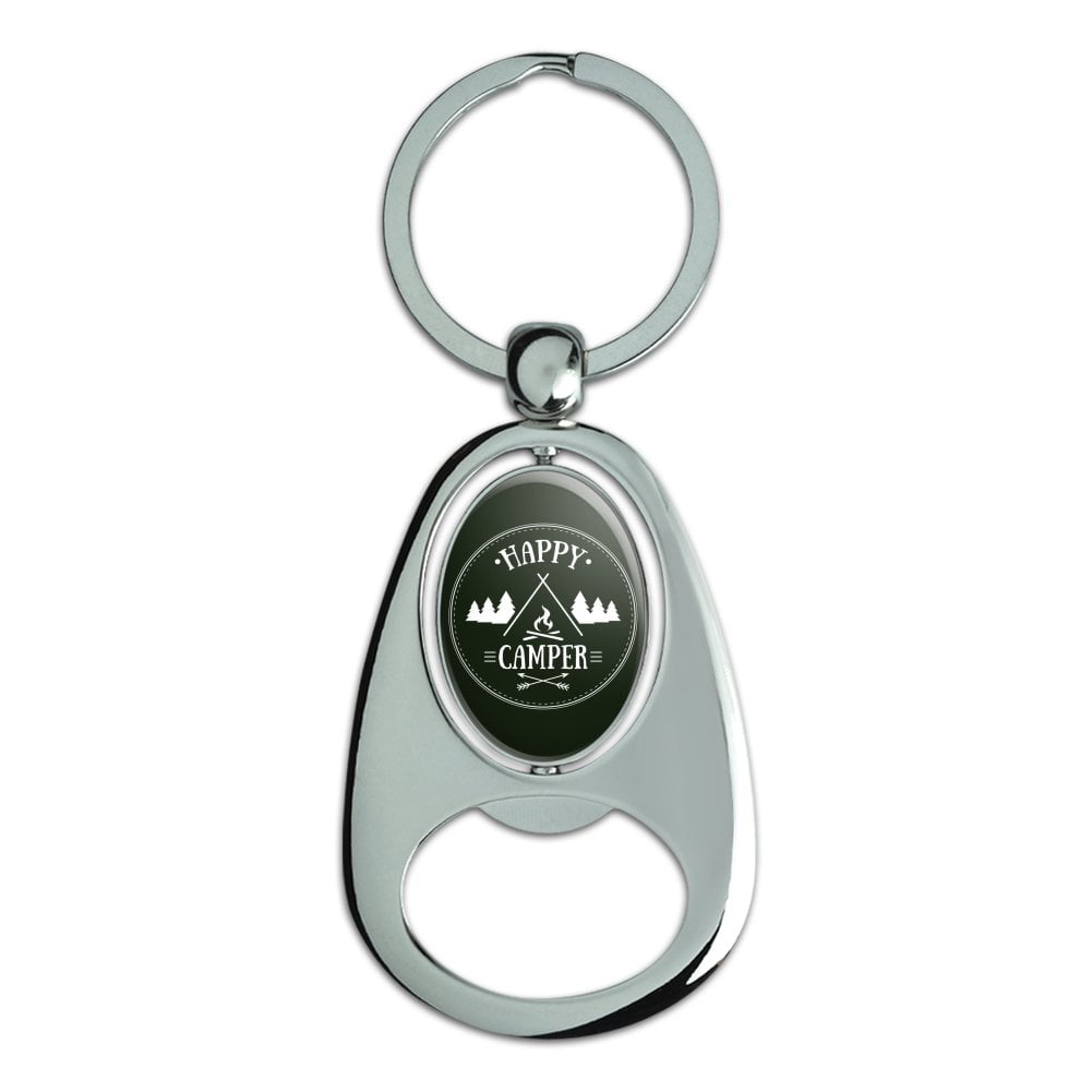 Happy Camper with Campfire Chrome Plated Metal Pop Cap Bottle Opener Keychain 