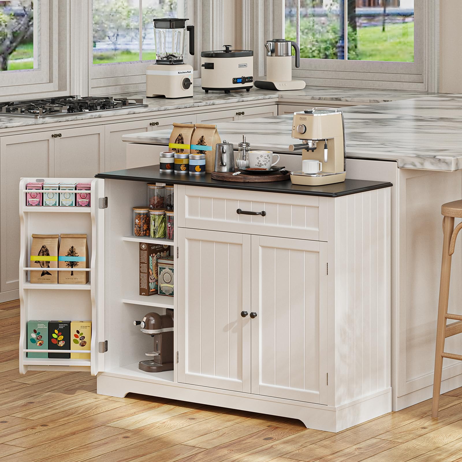 Coffee Bar Cabinet, Lofka 42" Farmhouse Kitchen Storage Sideboard Buffet Cabinet with 8 Shelves & 1 Drawer, Multifunctional Console Table for Dining Living Room Entryway Coffee Station, Black Desktop