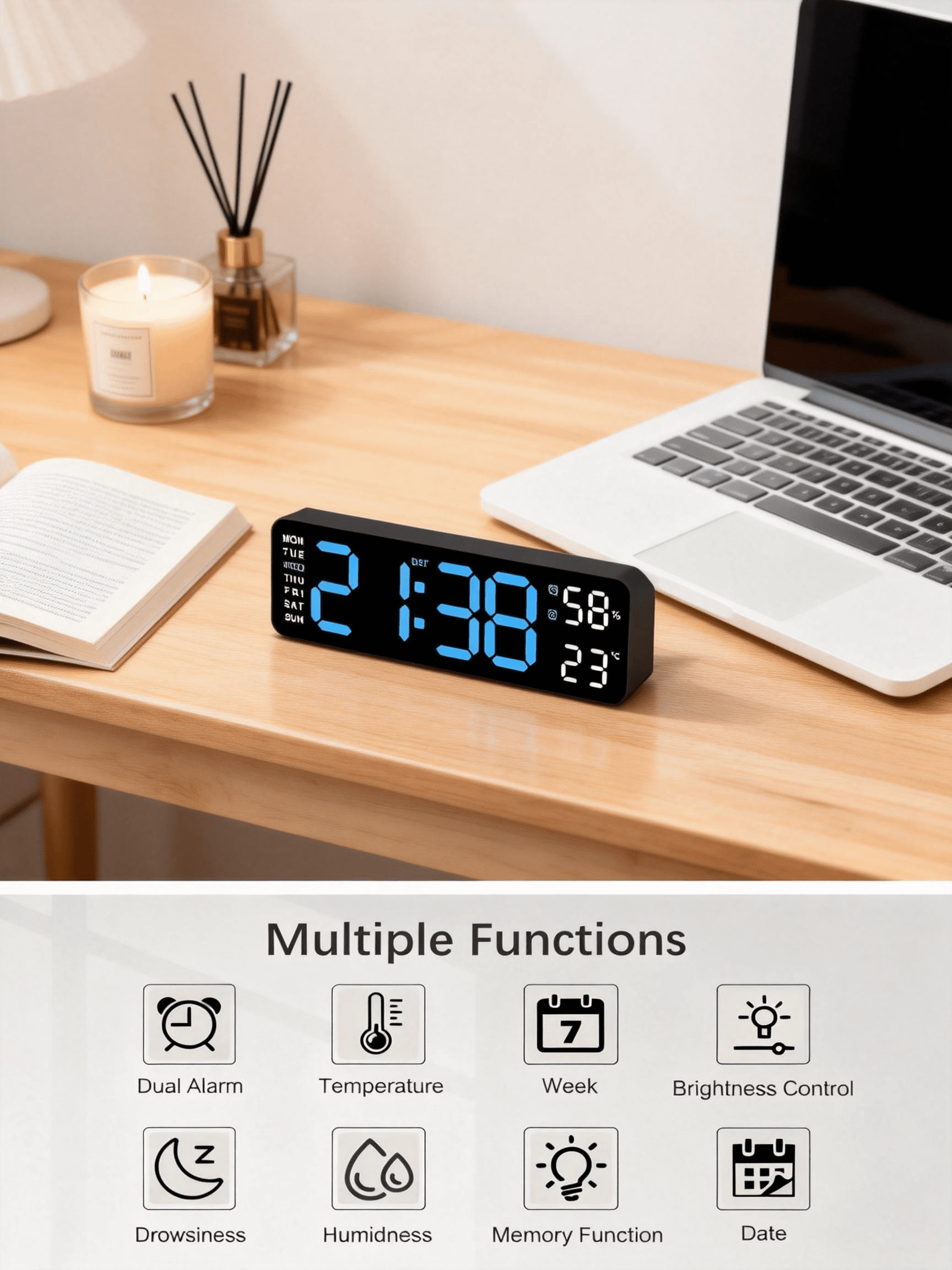 Digital Wall Clock Large LED Display Dual Alarm Temperature Humidity Auto Dimming Big Numbers Desk Clock Calendar Day Date Week Display Plug in Classroom Office Bedroom Living Room Kitchen Wall Mount