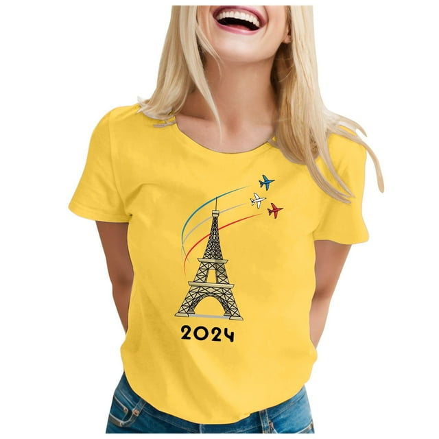 TINZ T-Shirt pour Femme Été Haut à Manches Courtes Col Rond Haut à Motif Haut Décontracté Chandails de Football pour Dames Chandails d'Été pour Femmes T-Shirt à Manches Courtes