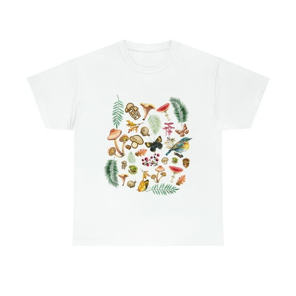 Cottage core Aesthetic Mushrooms, butterflies and bird T-Shirt
