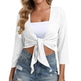 thumbnail image 3 of lcziwo Women's Tie Front Shrug 3/4 Sleeve Bolero Cardigan Summer Solid Casual Lightweight Shawl Tops White S, 3 of 10