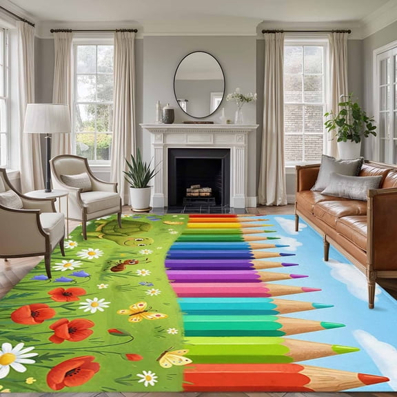 Cartoon Cute Area Rugs 8'x10', Washable Small Throw Rugs for Living Room Patio, Country Colorful Botanical Sky Blue Green Indoor Outdoor Rug Non-Slip Low Pile Carpet Runner Reversible Floor Mats