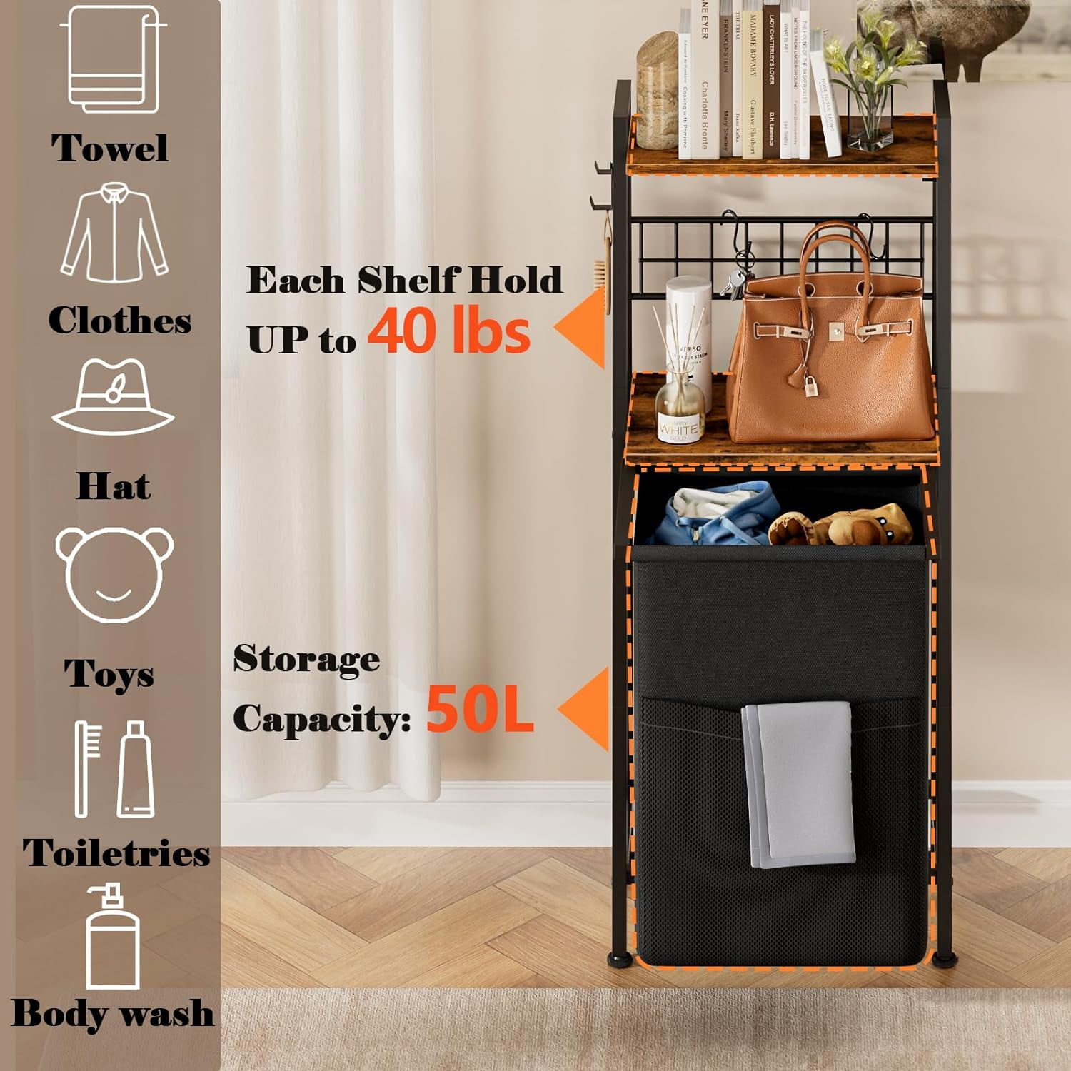 MX-Laundry Hamper, Vertical Laundry Basket with 2 Tiers Wooden Shelf and Hooks, Clothes Hamper with Pull-Out and Removable Bag for Bathroom, Bedroom, Dorm, 13.21 Gallons (50L)