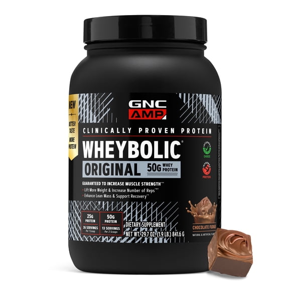 GNC AMP Wheybolic Clinically Proven Protein Powder, 50g Whey Protein, BCAA, Leucine, Increases Muscle Strength, Muscle Building, 3rd Party Tested, Gluten Free, Chocolate Fudge 13 Servings