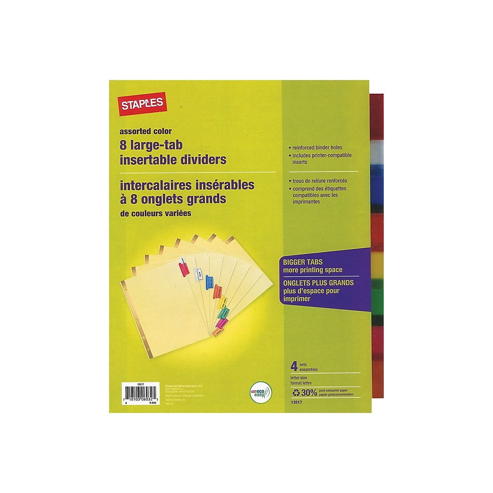 Staples Big Tab Blank Paper Dividers 8Tab Multicolor 4/Pack (13517/