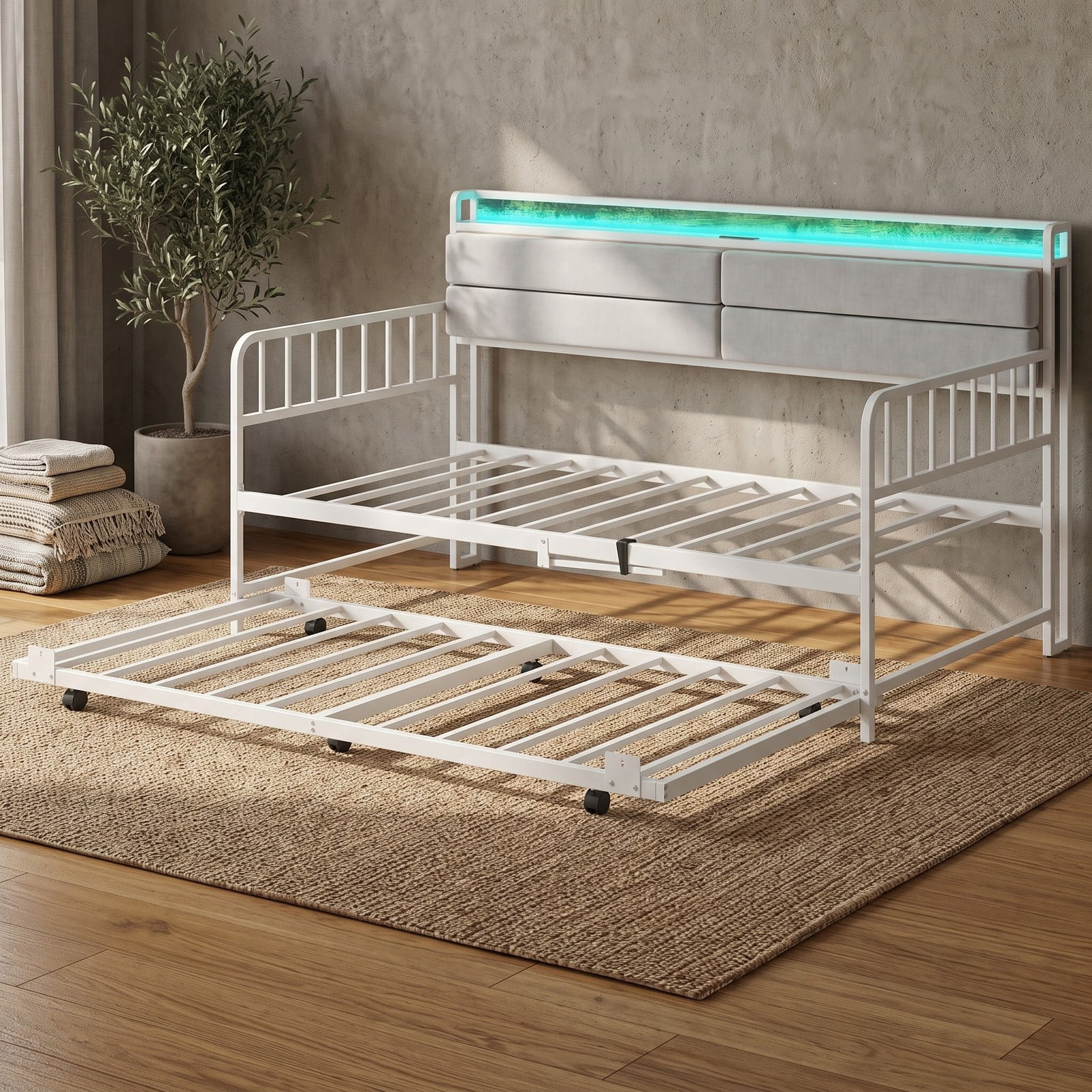 Furnibear Twin Metal Daybed with Pull-Out Trundle and Upholstered Storage Headboard with Charging Station and RGB LED, White