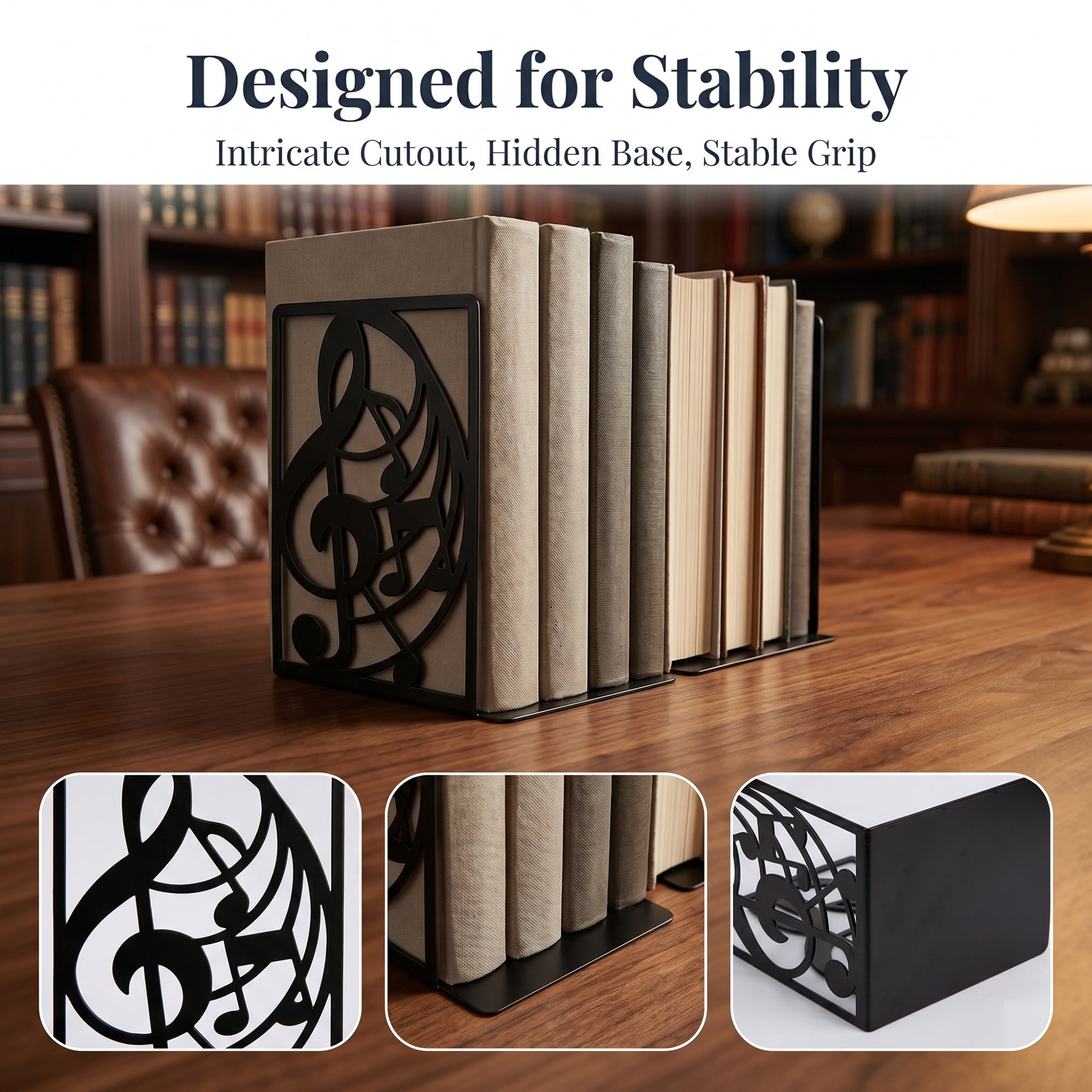Unique Bargains Musical Note Metal Bookends Non-Skid for ShelvesStyle D 4.6"x3.5"x6.8"