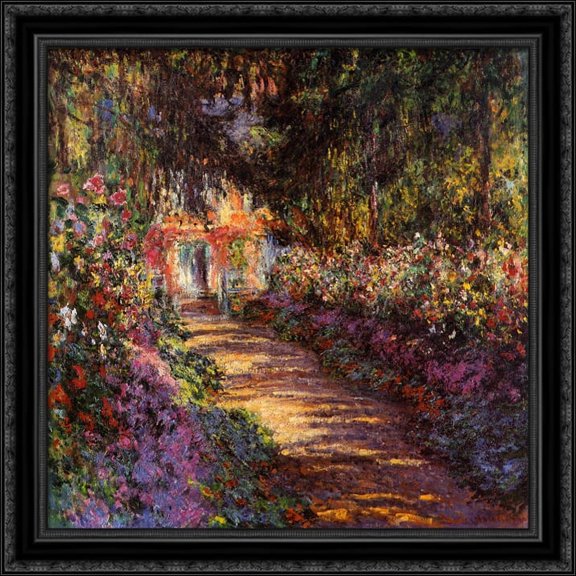 Pathway in Monet's Garden at Giverny 28x28 Large Black Ornate Wood Framed Canvas Art by Claude Monet
