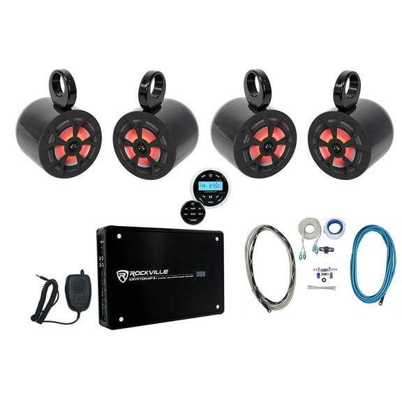 (4) Rockville 6.5" 700w Marine Wakeboard LED Speakers Receiver Amplifier Amp Kit