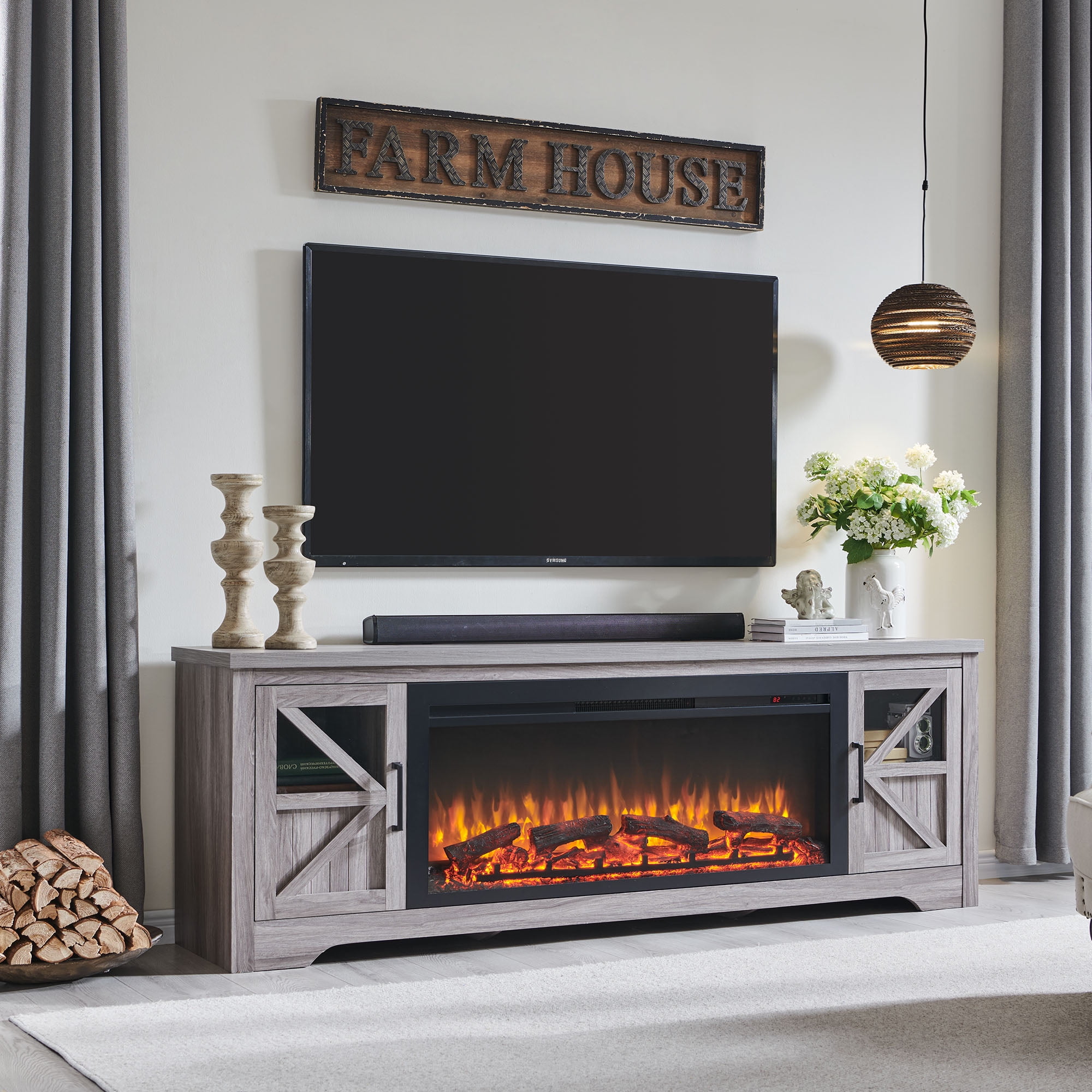 Innoflame Fireplace TV Stand for 85" TV, Entertainment Center with 44" Electric Fireplace, Adjustable Shelves, TV Stands Console for Living Room, Gray