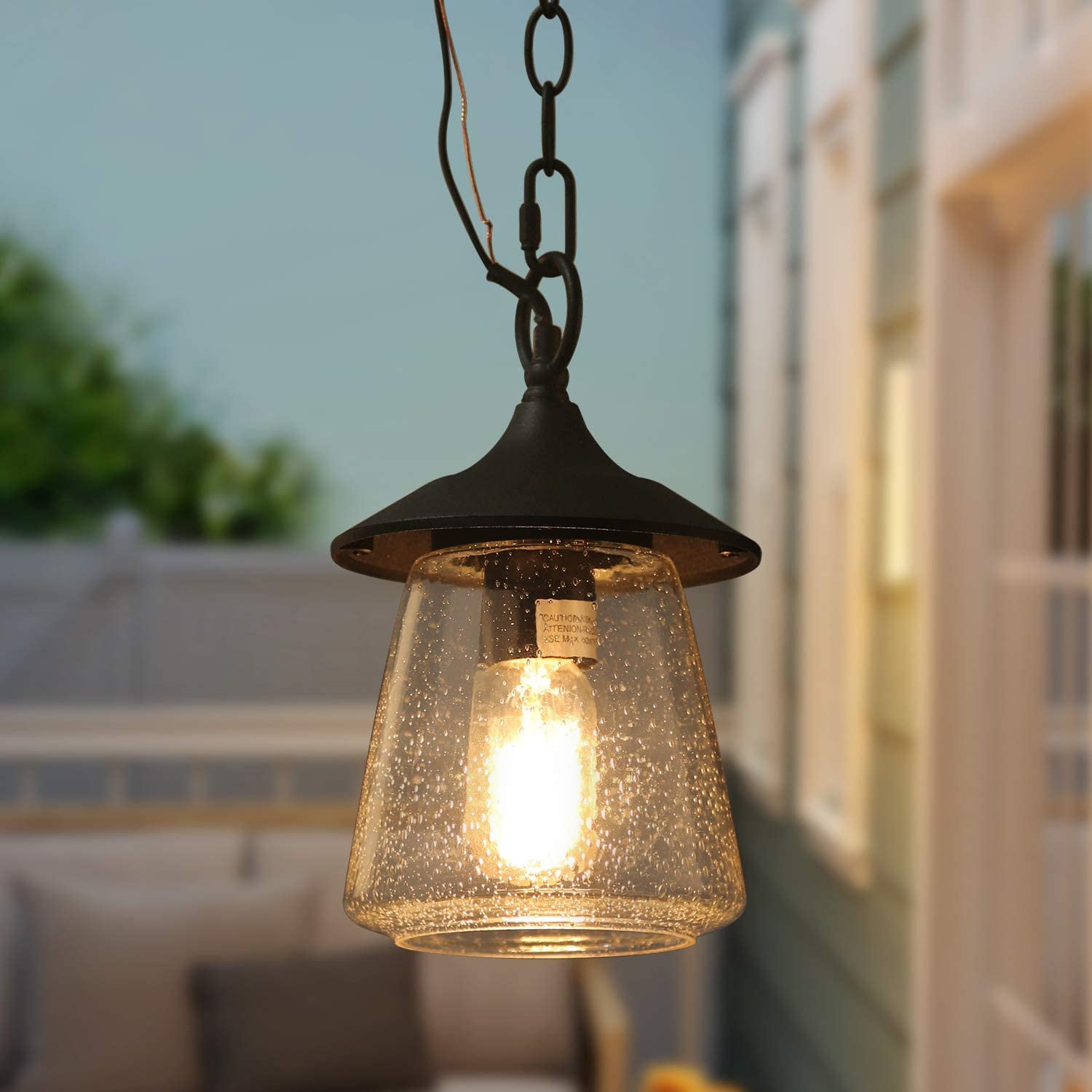 9.4 Hanging Lamp for Porch A03355 Log Barn 1 Light Outdoor Lantern Pendant Lighting in Painted Black Metal with Clear Bubbled Glass Globe 