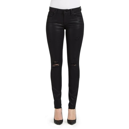 Resin Coated Jet Black Skinny Jeans For Women | Comfortable Breathable Stretch Denim | Knee Rips Raw Hem Destroyed