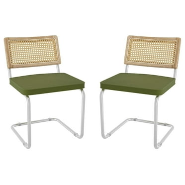 Set of 2, -Century Modern Rattan Backrest Dining Chair - Natural Wood Upholstered Seat with Metal Legs for Home Dining Room Kitchen - Olive Green