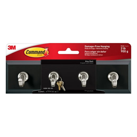 Riel para llaves Command Sostiene hasta 2 lb Riel de 8 pulgadas con 4 ganchos para llaves y 6 tiras Command Ganchos para llaves extraíbles de pizarra para entrada o pasillo Colgar llaves Sombreros Cor