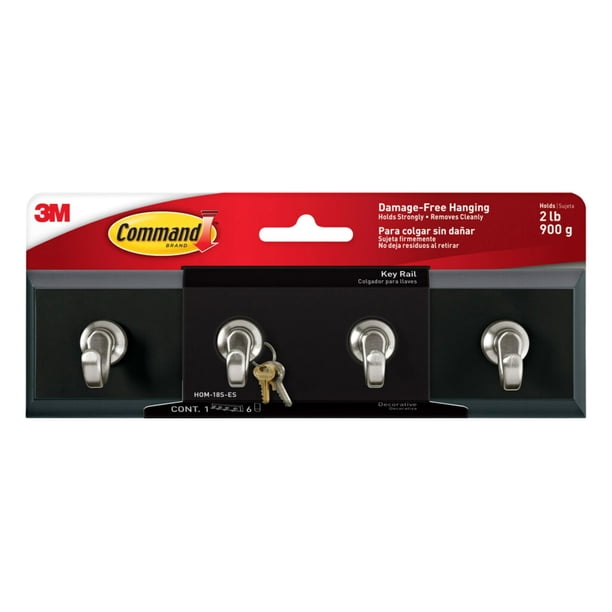 Riel para llaves Command Sostiene hasta 2 lb Riel de 8 pulgadas con 4 ganchos para llaves y 6 tiras Command Ganchos para llaves extraíbles de pizarra para entrada o pasillo Colgar llaves Sombreros Cor