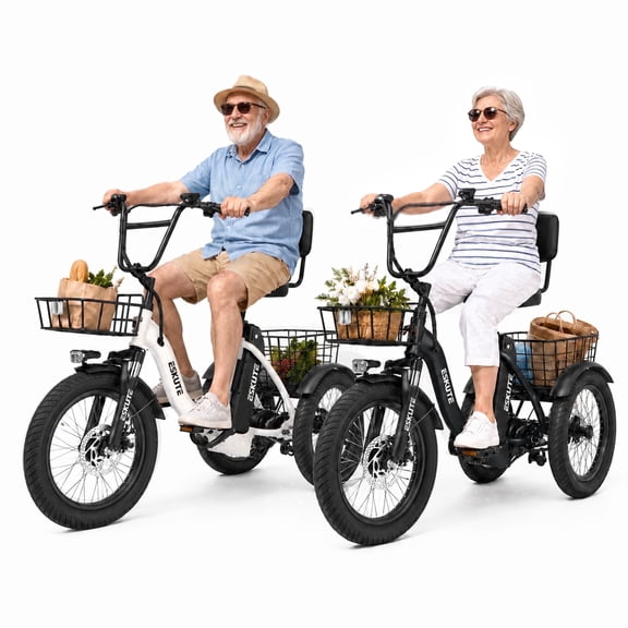 ESKUTE 2 Pcs T300 E Trike Electric Tricycle for Adults, 750W Brushless Motor 18MPH Fat Tire Folding Trike, Step-Thru 3 Wheel Electric Bicycle, Up to 55 Miles Black & White, UL2849