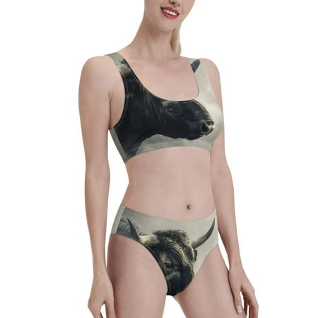 Uemuo Mystical Bull in Fog Printed Women s High Waisted Bikini Sets Sporty Two Piece Swimsuits Color Block Cheeky High Cut Bathing Suits-Small