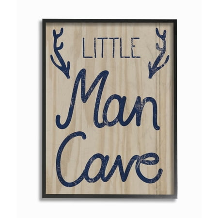 The Kids Room by Stupell Little Man Cave Navy Blue Script with Antlers Wood Grain Texture Typography Framed Giclee Texturized Art