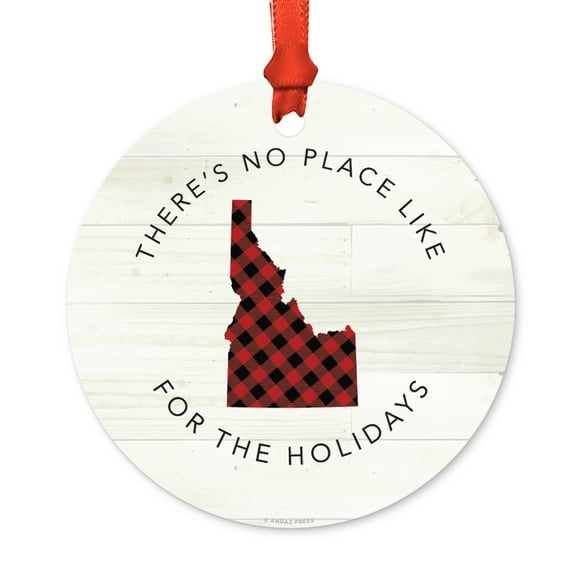 US State Round Metal Christmas Ornament, Red Plaid on Light Rustic Wood, Idaho, Includes Ribbon and Gift Bag