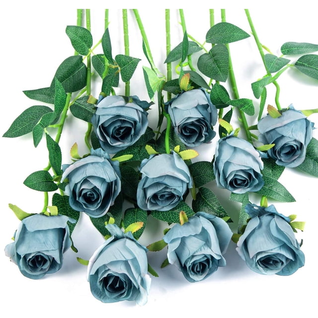 Xiao Hua 10 rosas artificiales de tallo largo de seda para ramo de boda, decoración del hogar (azul)