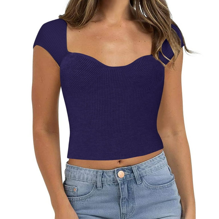 Entyinea Womens Crop Tops Causal Cap Sleeve Blouse Sweetheart Neck Ribbed  Knit T-Shirt Purple M 