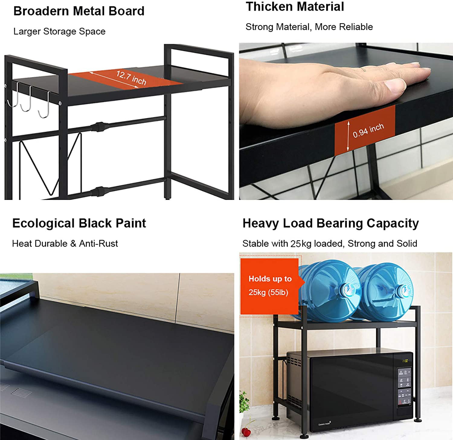 Expandable and Width Adjustable Microwave Shelf 2-Tier Kitchen Counter Shelf and Organizer with 3 Hooks Carbon Steel Matte Black Whifea Microwave Oven Rack 55lbs Weight Capacity