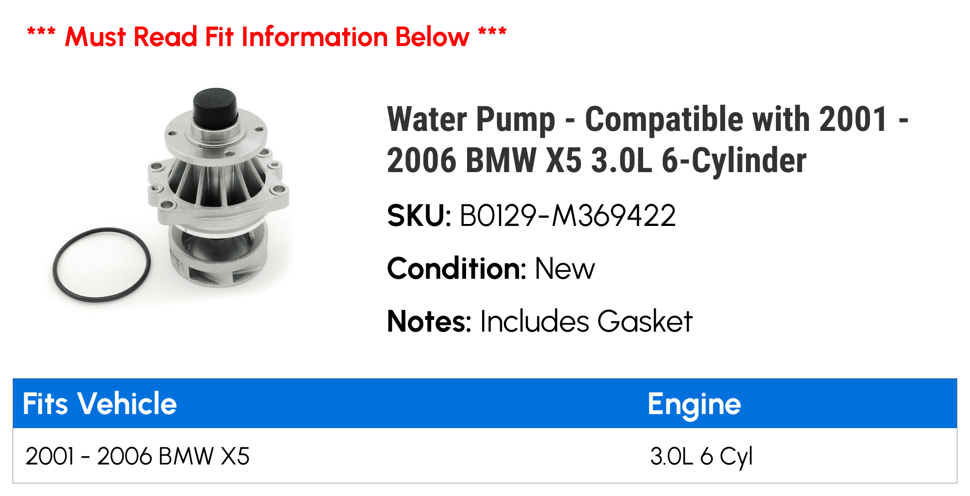 Water Pump - Compatible with 2001 - 2006 BMW X5 3.0L 6-Cylinder 2002 2003 2004 2005