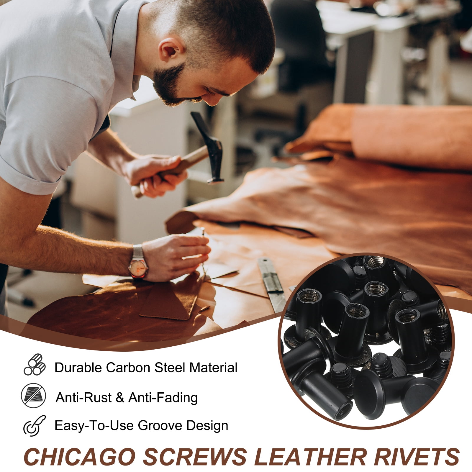 Uxcell 15mm Chicago Screws Leather Rivets, 120 Set Leather Rivets Nail Stud Screws Bolt Assorted Kit for DIY Leather Craft Bookbinding Decorate Repair Belt Bag Clothing, Black