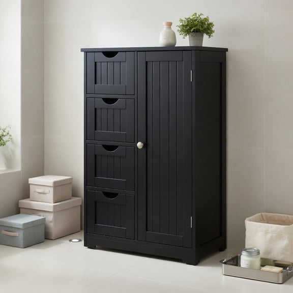 Resenkos Standing Indoor Wooden Cabinet with 4 Drawers-Black, Bathroom Cabinets for Entryway Storage, Home Office Furniture