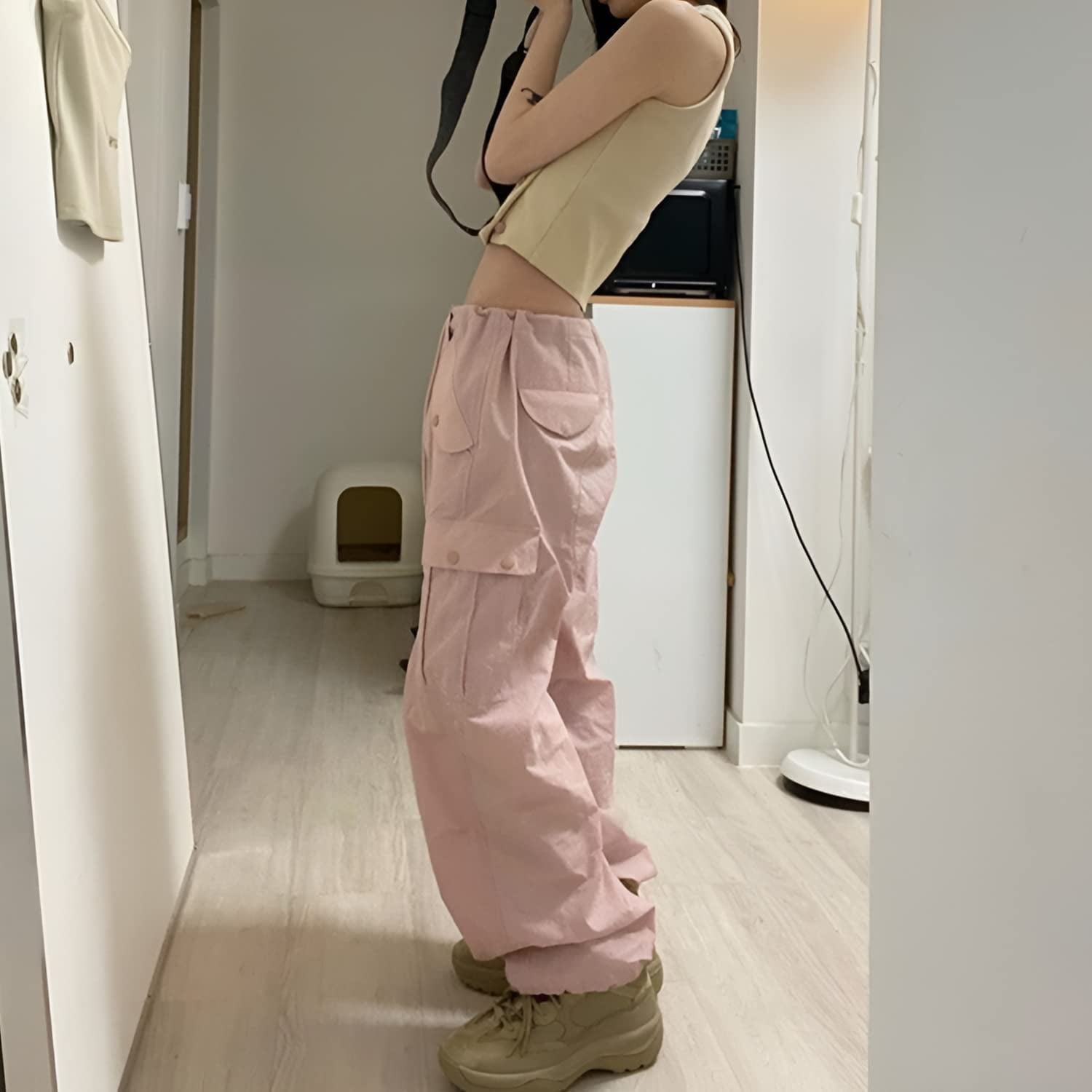 Kukuzhu Parachute Pants for Women Y2k Cargo Pants with Pockets Baggy Low  Waist Drawstring Joggers Hippie Grunge Streetwear