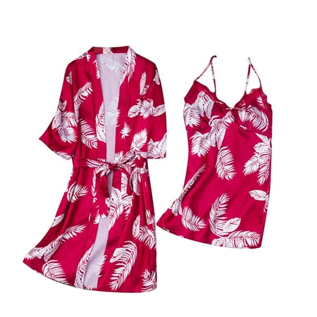 

Women Two Piece Lingerie Set Silk Satin Printed Temptation Babydoll Underwear Sleepwear Camisole Nightdress + Nightgown Robe Suit women sexy lingerie lingerie for women sexy lingerie for women