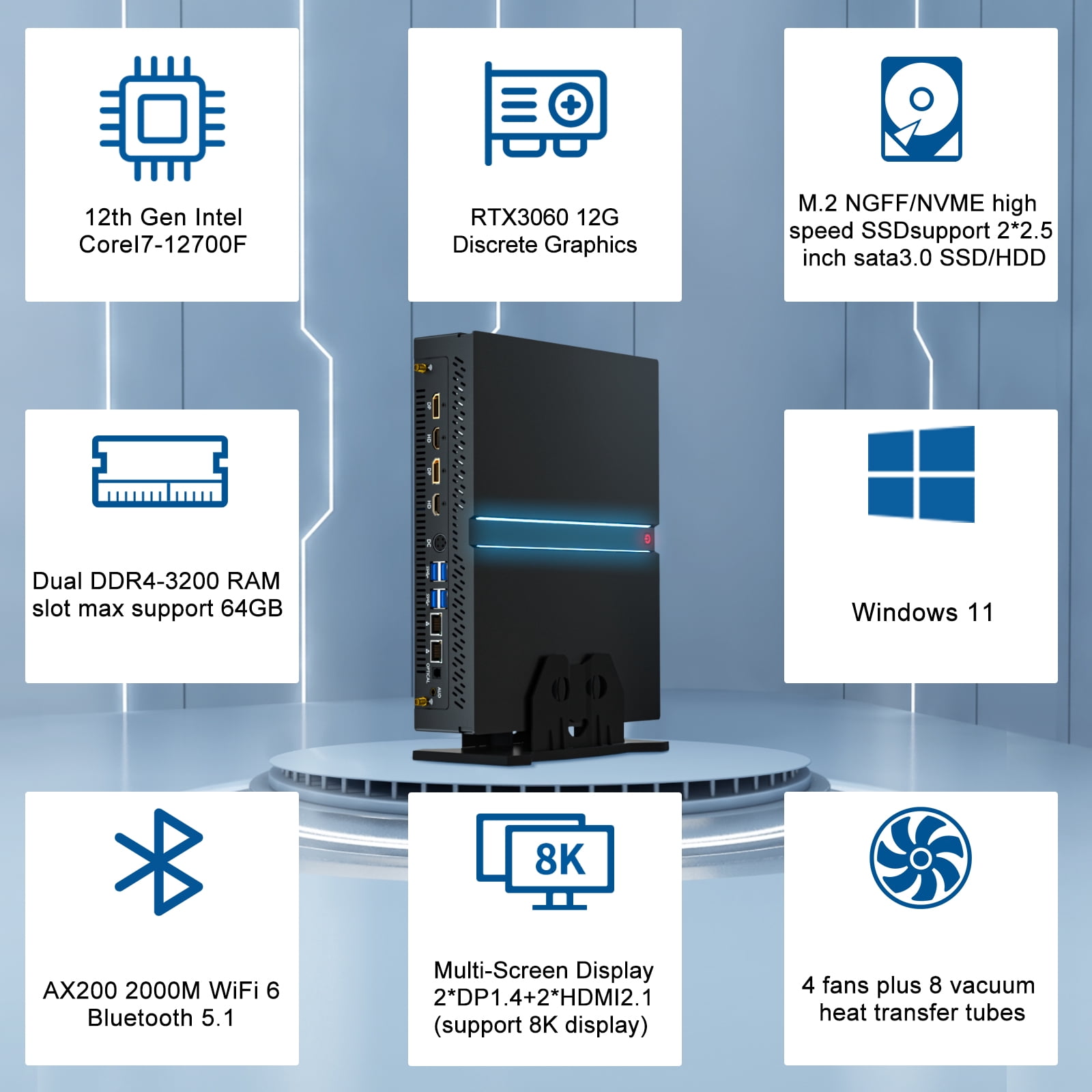 Thdeukoty Mini Gaming PC, 12th Gen Intel I7-12700F Up to 4.9GHz, Desktop Computer with Geforce RTX 3060, 64G DDR4 RAM 1T SSD, Wifi6, 8K@60Hz Four Display, Windows 11 Pro