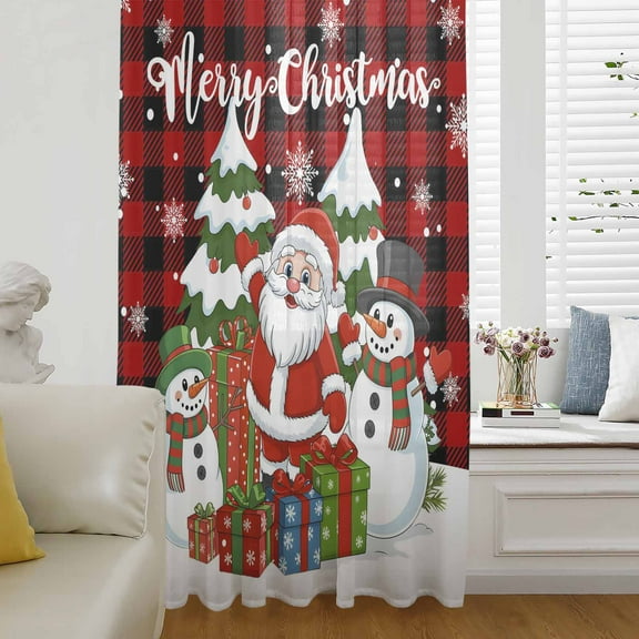 Christmas Santa Semi Sheer Curtains Drapes for Living Room, Bedroom, French Doors Window 54 Inches Long, XmasTree Snowman Snowflake Red Plaid Rod Pocket Chiffon Curtain Drapery Voile Draperies Panel