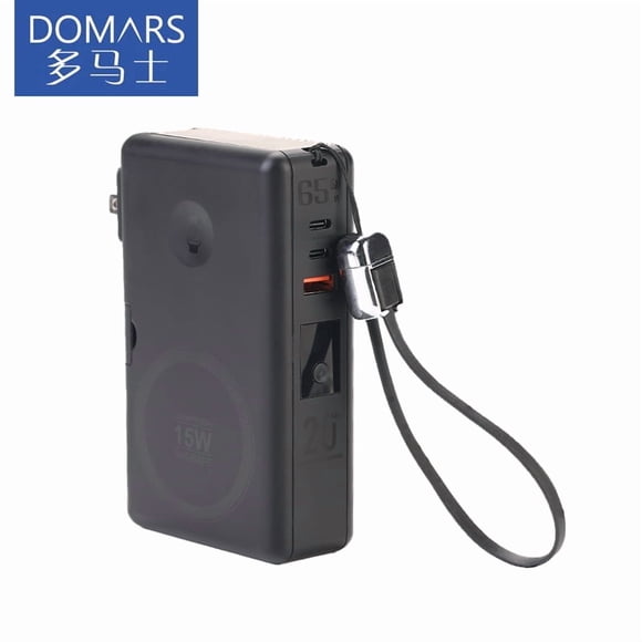 Domars 20000mAh 65W 2-in-1 Wall Charger Power Bank, 25W Dual Wireless Fast Charging, PD QC3.0 Laptop Charger with Built-in Lanyard Cable, Foldable Phone Stand, Supports 5 Devices Simultaneous Charging