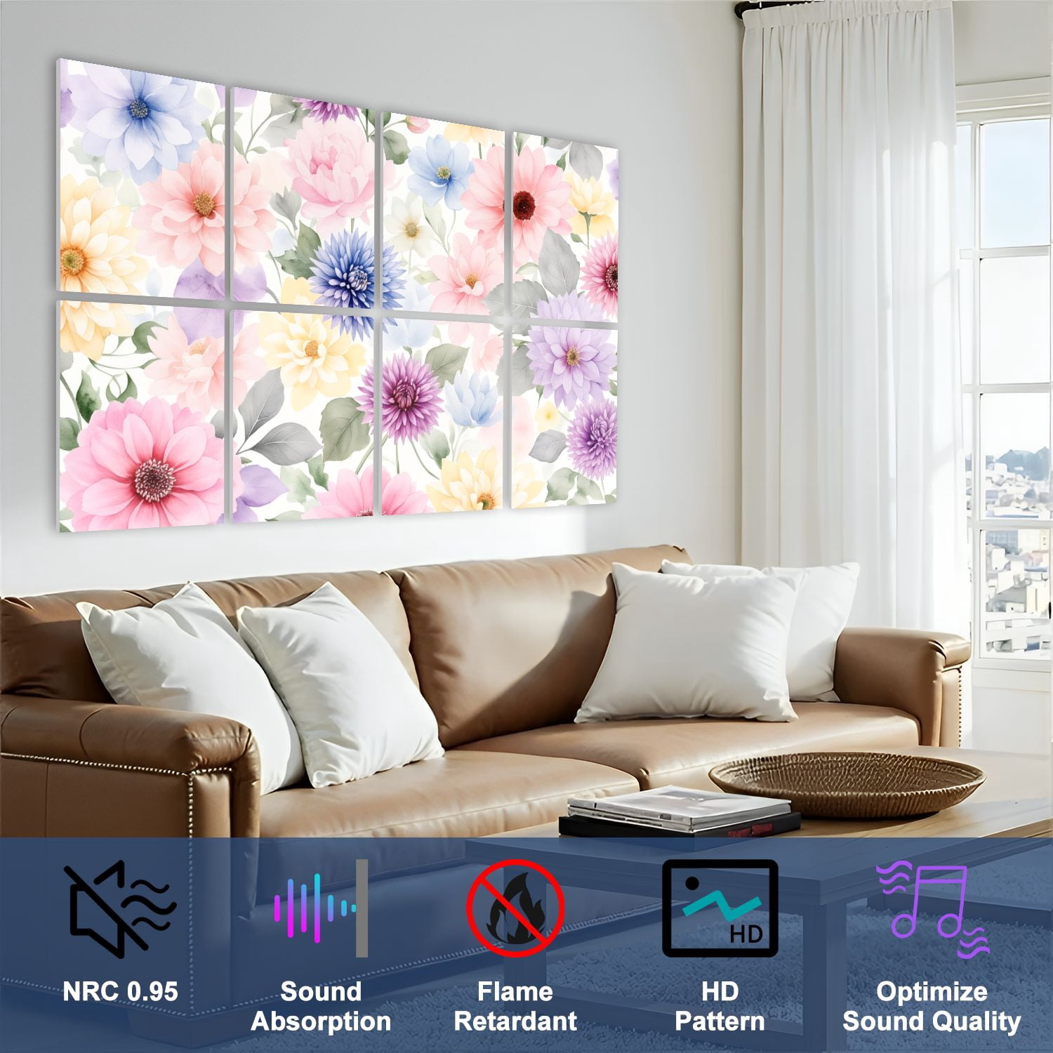 8 Pack Art Acoustic Panels Sound Absorbing Colorful Watercolor Floral Leaves Pastel Flowers Decorative Soundproof Wall Panels Self Adhesive for Nursery Game Room Bedroom 48"x32"