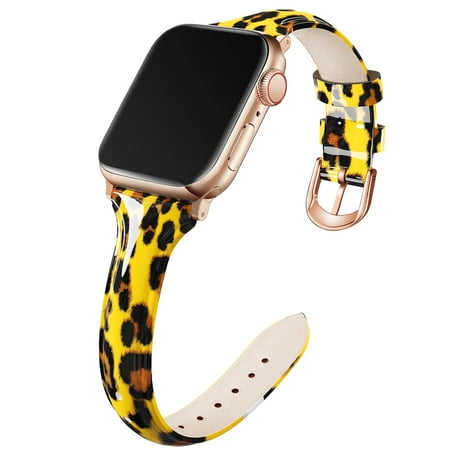 Recoppa Compatible with Apple Watch Bands 38mm 40mm, Non-Fade Slim Genuine Patent Leather Wristband for Women Apple iWatch Series SE/7//6/5/4/3/2/1, Yellow Leopard"