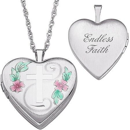 Personalized Women's Sterling Silver Engraved Cross Floral Heart Locket Pendant, 20"