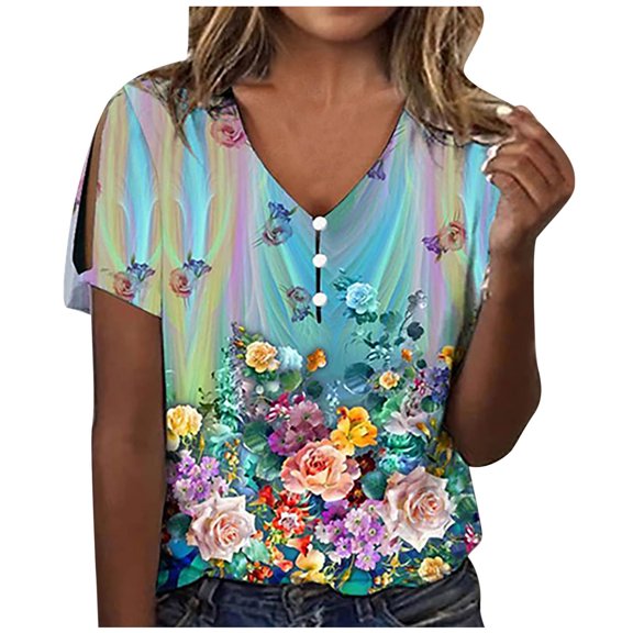RKZDSR Womens Summer Short Sleeve Tops Floral Print Button Up Leisure Oversized Tees Dressy Casual V-Neck T-Shirts Cute Blouse Basic Shirts for Work Blue M