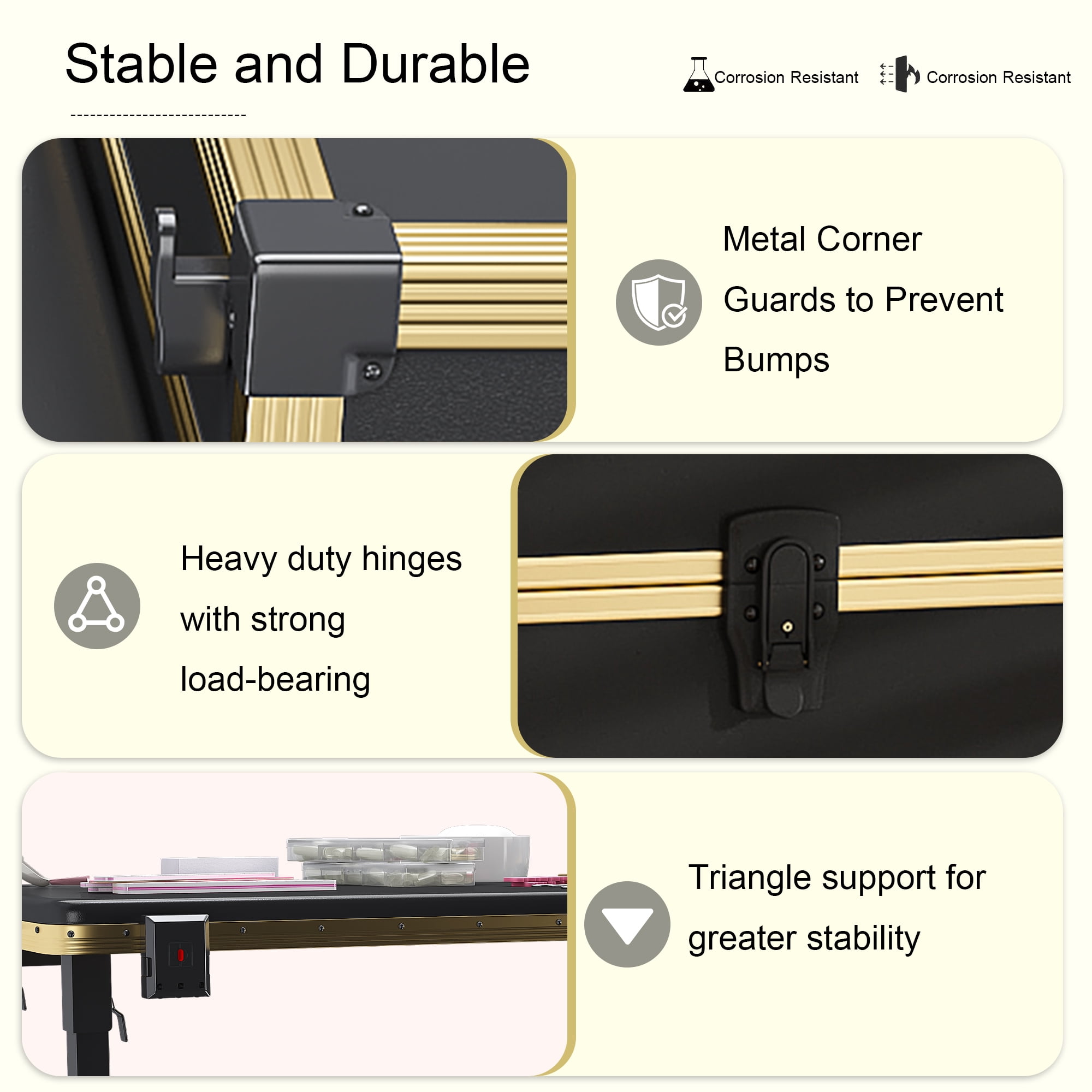 Aukfa Rolling Portable Manicure Table,Folding Nail Table with LED Mirro,Wireless Speaker & Lockable Drawers for Home & Mobile Salon,Black Gold