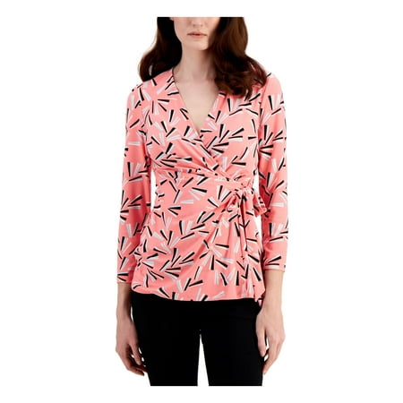 ANNE KLEIN Womens Pink Tie Gathered Printed 3/4 Sleeve Surplice Neckline Faux Wrap Top Plus 1X