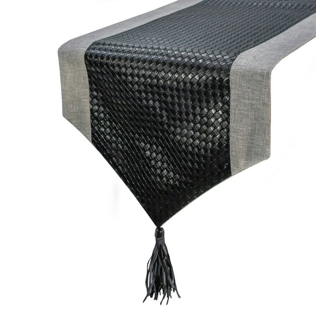 The HomeCentric Chemin de Table Décoratif Patchwork 14 x 48 Po., Cuir Synthétique, Moderne, Noir, Chemin de Table