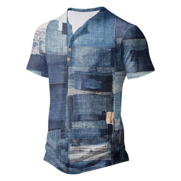 JURANMO Big and Tall Short Tops for Men Fashion Gradient Color Collarless T Shirts Summer Casual Holiday Button Henley Shirts Deals of the Day Blue XXL