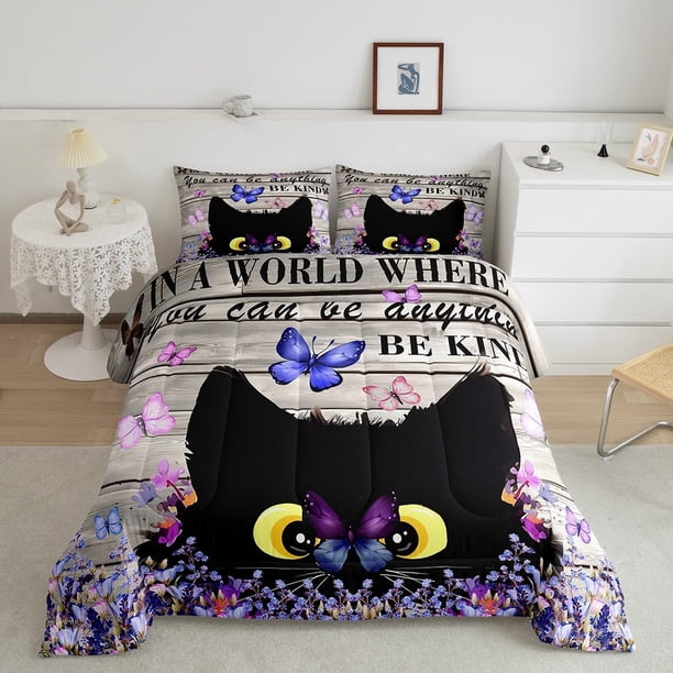 Juego de Cama Gato Negro Juego de Cama Gato Mariposa para Niños Niños Niñas Botánico