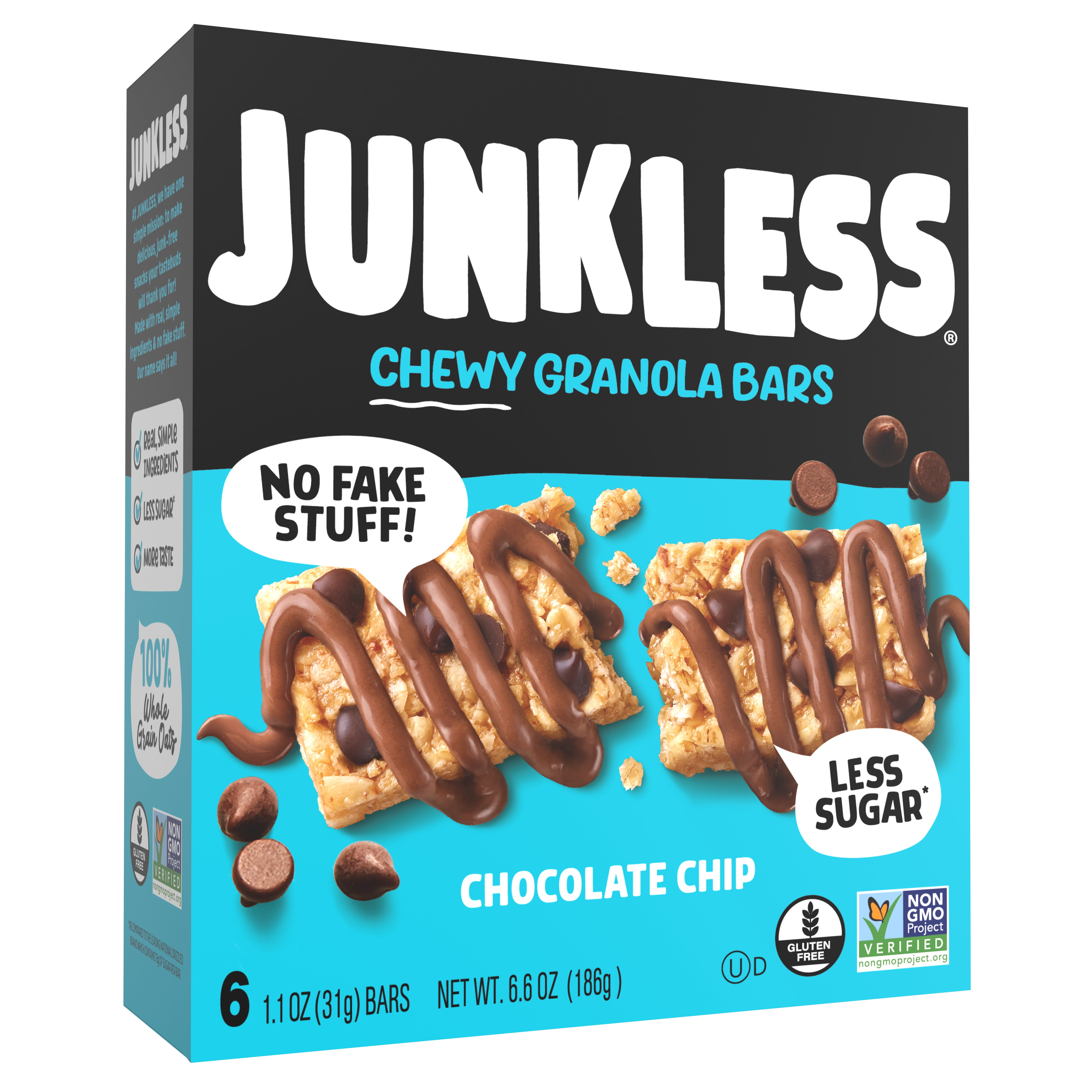 (8 pack) JUNKLESS Chewy Granola Bars, Chocolate Chip, Less Sugar, Gluten Free, Non-GMO, 1.1 oz, 6 Count