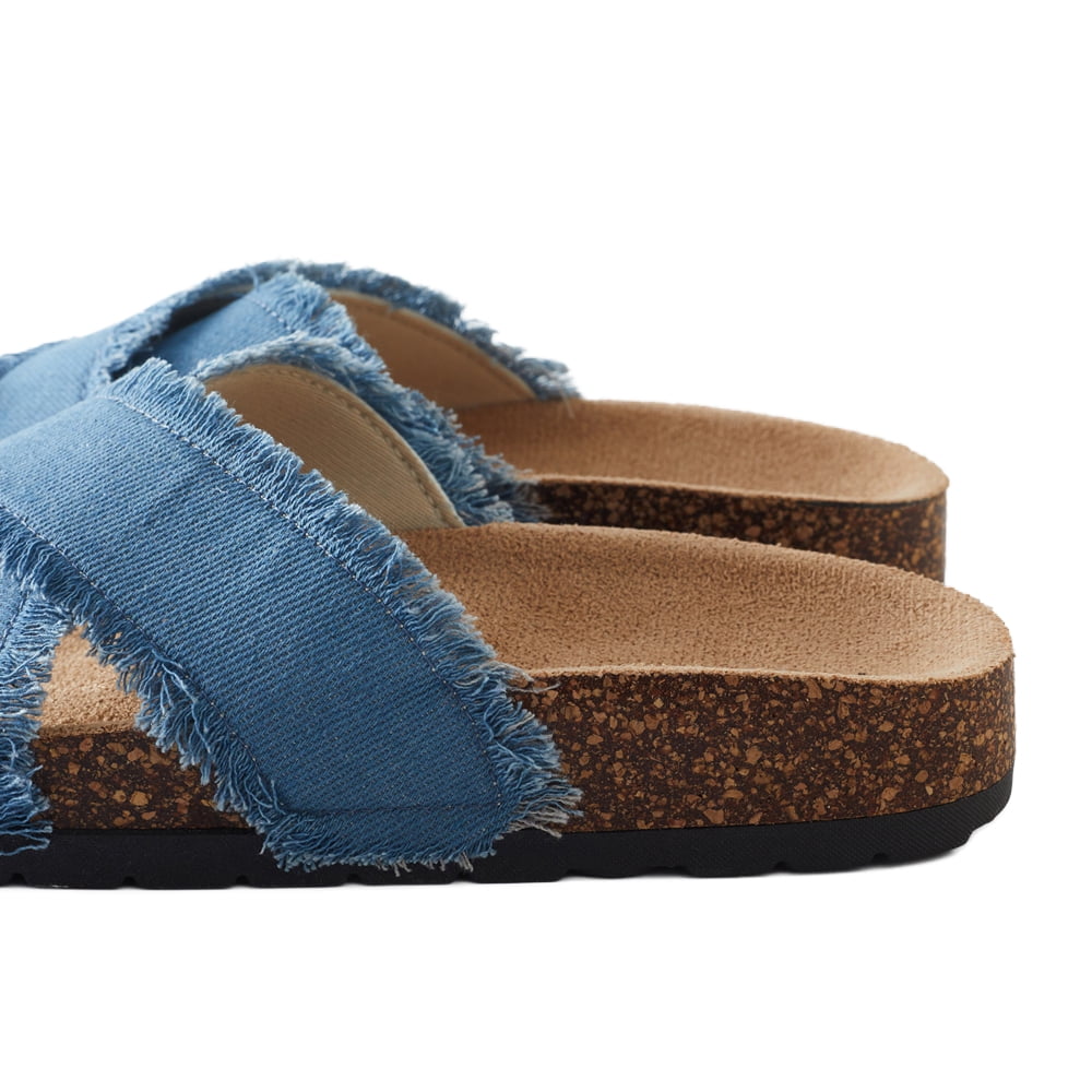 Roxoni Women’s Cross Strap Slide Sandals Denim Open Toe Comfort Slippers Cork Footbed Casual Summer Indoor Outdoor Footwear