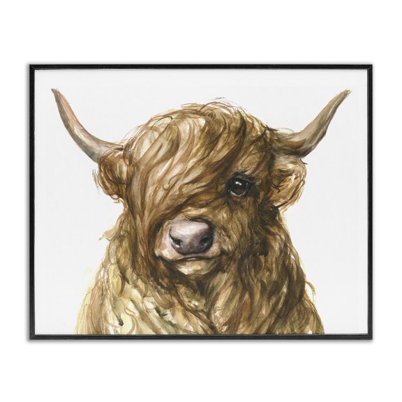 Stupell Industries Farmhouse Curly Hair Highland Cow Baby Cattle Portrait Black Framed Giclee Art, 14 x 11, by George Dyachenko